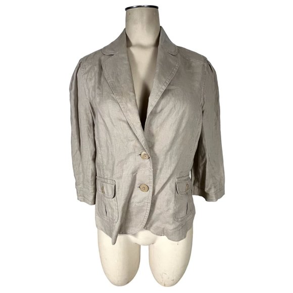 Juicy Couture women's tan linen jacket size Medium gathered waist, pockets - Picture 2 of 9